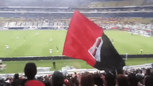 A Crowd Of People Watching A Soccer Game With A Red And Black Flag Flying In The Foreground GIF