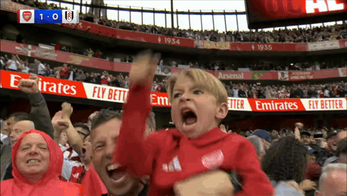 A Crowd Of People Watching A Soccer Game With An Emirates Ad In The Background GIF