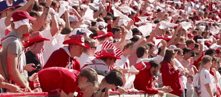 A Crowd Of People Wearing Red And White Striped Hats Are Sitting In A Stadium GIF
