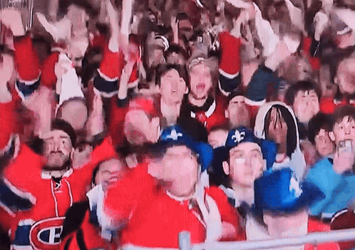 A Crowd Of People Wearing Red Jerseys With The Letter E On The Front GIF