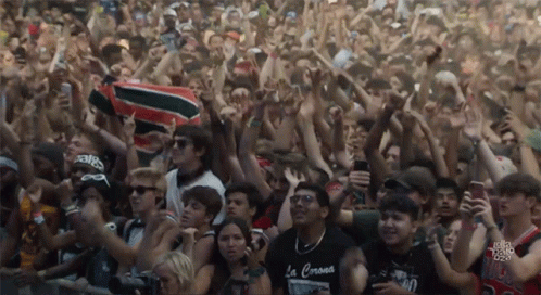 A Crowd Of People With One Wearing A Black Shirt That Says La Corona GIF