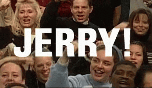A Crowd Of People With The Word Jerry In White GIF
