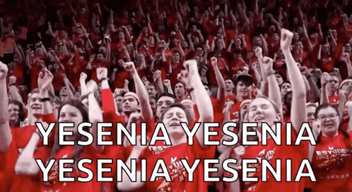 A Crowd Of People With Their Fists In The Air And The Words Yesenia Yesenia Yesenia GIF