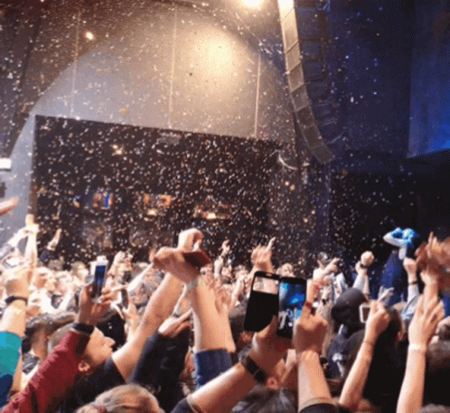 A Crowd Of People With Their Hands In The Air Taking Pictures GIF