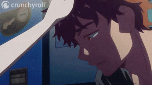 A Crunchyroll Logo Can Be Seen In The Background Of A Man 'S Face GIF