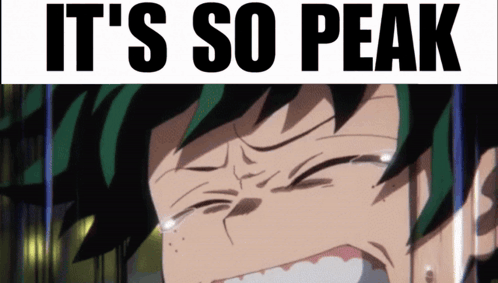 A Crying Anime Character With The Words " It 'S So Peak " Behind Him GIF