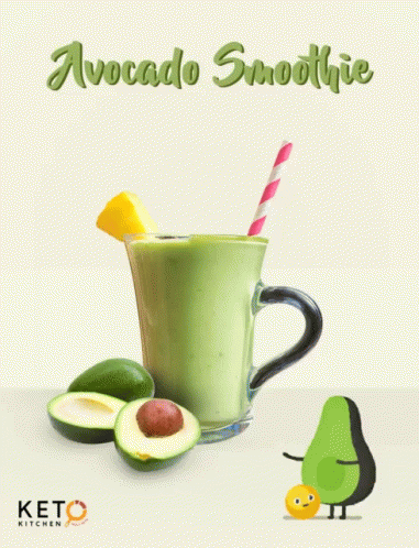 A Cup Of Avocado Smoothie With A Straw And A Cartoon Avocado GIF