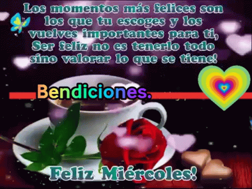 A Cup Of Coffee And A Rose On A Saucer With The Words Bendiciones On It GIF