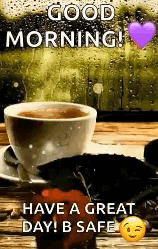 A Cup Of Coffee And A Strawberry On A Saucer On A Table With A Good Morning Message . GIF