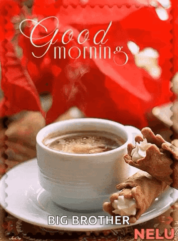 A Cup Of Coffee And Cannoli On A Saucer With The Words Good Morning Big Brother Written On It GIF