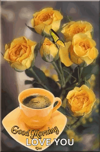 A Cup Of Coffee Is On A Saucer Next To A Bunch Of Yellow Roses . GIF
