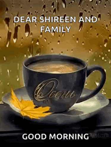 A Cup Of Coffee Is Sitting On A Saucer In Front Of A Window With Rain Drops . GIF