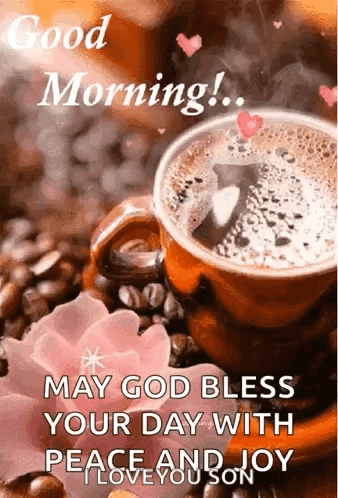 A Cup Of Coffee Is Sitting On Top Of A Pile Of Coffee Beans On A Table . GIF
