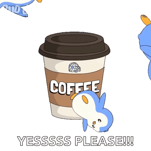 A Cup Of Coffee Is Surrounded By Penguins And Says " Yesssss Please " GIF