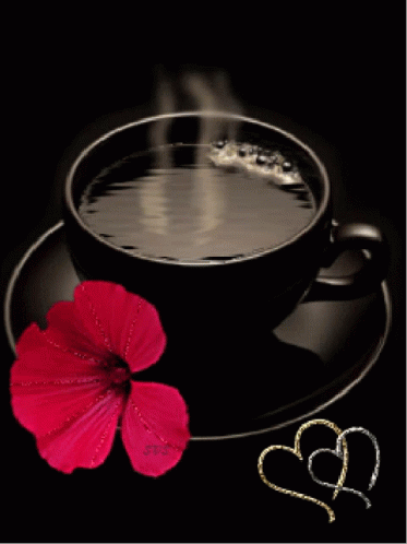A Cup Of Coffee On A Saucer With A Flower And Two Hearts GIF