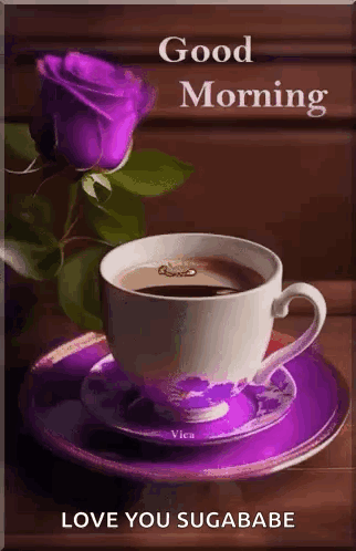 a cup of coffee on a saucer with a purple rose and the words `` good morning love you sugababe '' .