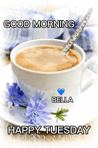 a cup of coffee on a saucer with flowers and the words " good morning bella happy tuesday "
