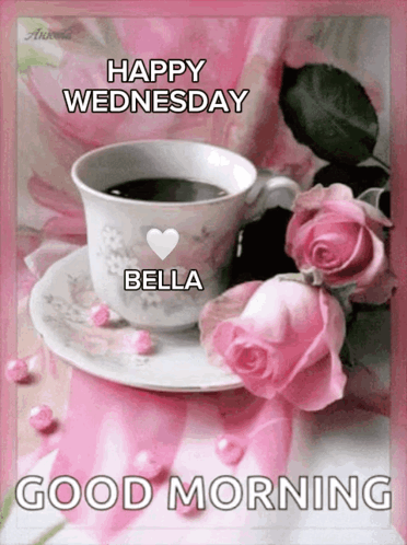 A Cup Of Coffee On A Saucer With Pink Roses And The Words Happy Wednesday Bella Good Morning On The Bottom GIF