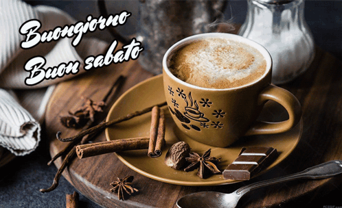 A Cup Of Coffee On A Saucer With The Words Buongiorno Buon Sabato Written Above It GIF