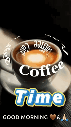A Cup Of Coffee On A Saucer With The Words Coffee Time Written On It . GIF