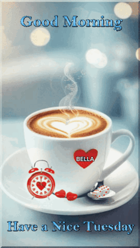 A Cup Of Coffee On A Saucer With The Words Good Morning Bella Have A Nice Tuesday Below It GIF