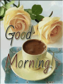 A Cup Of Coffee On A Saucer With The Words Good Morning On It GIF