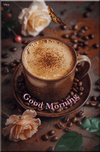 A Cup Of Coffee On A Saucer With The Words Good Morning On It GIF