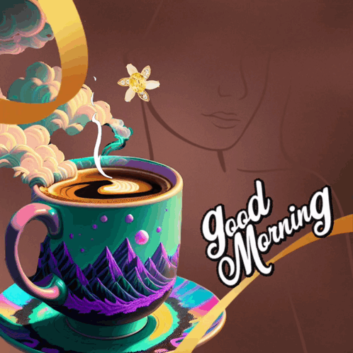 A Cup Of Coffee On A Saucer With The Words " Good Morning " On The Bottom GIF