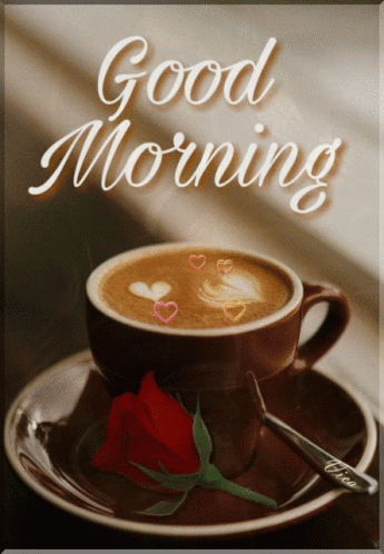 A Cup Of Coffee On A Saucer With The Words Good Morning Written On It GIF