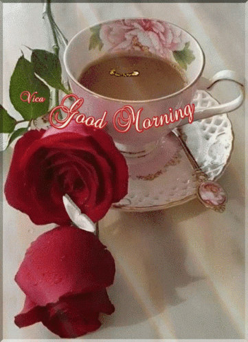A Cup Of Coffee On A Saucer With The Words Good Morning Written On The Top GIF