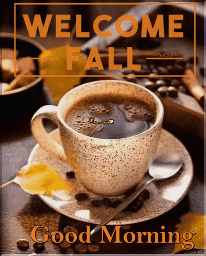 A Cup Of Coffee On A Saucer With The Words Welcome Fall And Good Morning GIF