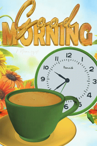 A Cup Of Coffee Sits Next To A Clock That Says " Good Morning " GIF
