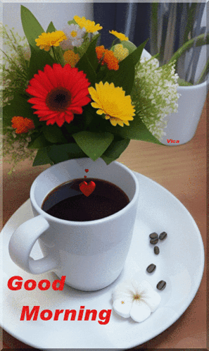 A Cup Of Coffee Sits On A Plate Next To A Vase Of Flowers GIF