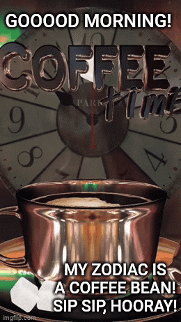 A Cup Of Coffee Sits On A Saucer In Front Of A Clock GIF