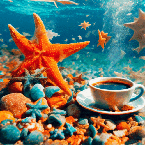 A Cup Of Coffee Sits On A Saucer In Front Of A Starfish GIF
