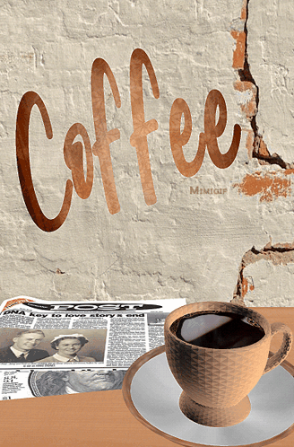 A Cup Of Coffee Sits On A Saucer In Front Of A Wall With The Word Coffee Written On It GIF