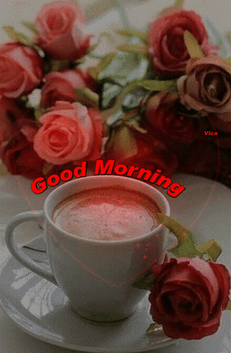 A Cup Of Coffee Sits On A Saucer Next To A Bouquet Of Pink Roses And Says Good Morning GIF