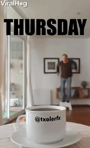 A Cup Of Coffee Sits On A Saucer With The Word Thursday Written Above It GIF