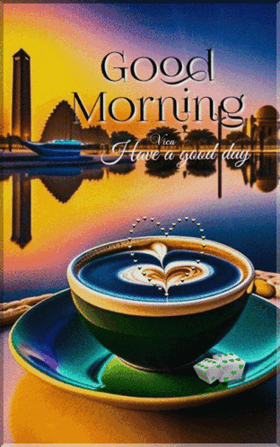 A Cup Of Coffee Sits On A Saucer With The Words Good Morning I Have A Good Day GIF