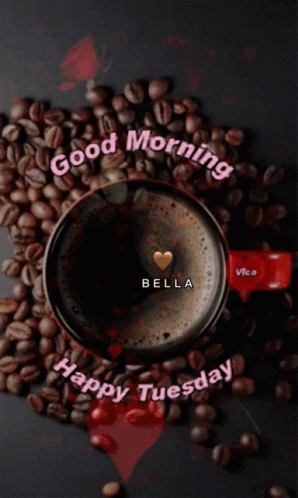 A Cup Of Coffee Surrounded By Coffee Beans With The Words Good Morning Bella Happy Tuesday GIF