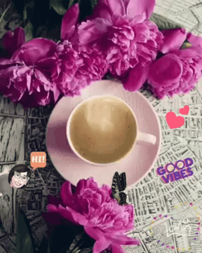 A Cup Of Coffee Surrounded By Purple Flowers With The Words Good Vibes Written On The Bottom GIF