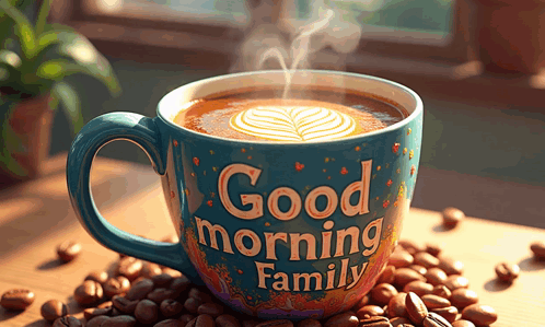 A Cup Of Coffee That Says " Good Morning Family " On It GIF