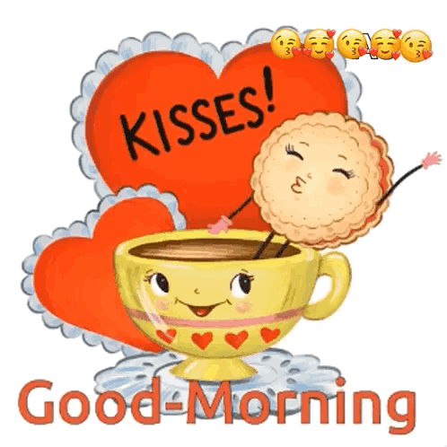A Cup Of Coffee With A Cookie Sticking Its Tongue Out And A Heart That Says Kisses On It GIF