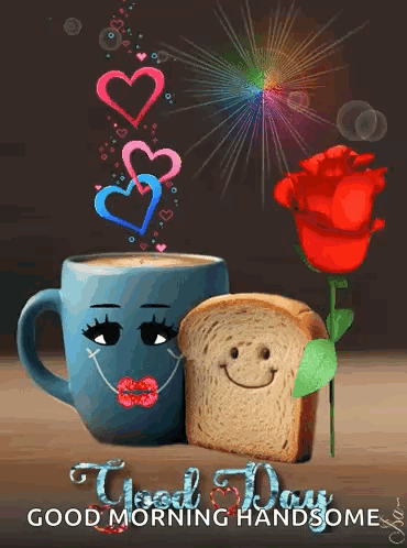 A Cup Of Coffee With A Face Painted On It Next To A Piece Of Bread With A Smiley Face On It GIF