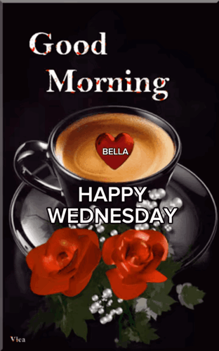 A Cup Of Coffee With A Heart On It And The Words " Good Morning Bella " GIF