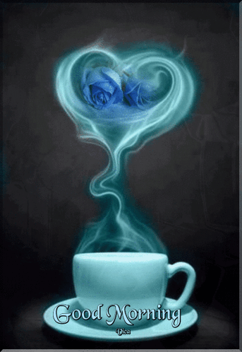 A Cup Of Coffee With A Heart Shaped Smoke Coming Out Of It And The Words Good Morning GIF