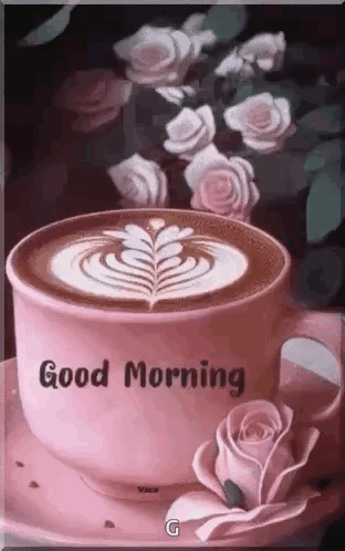 A Cup Of Coffee With A Rose On A Saucer And The Words `` Good Morning '' On It . GIF