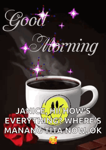 A Cup Of Coffee With A Smiley Face On It And The Words Good Morning GIF