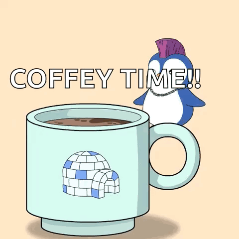 A Cup Of Coffee With An Igloo On It And The Words Coffey Time Written On It . GIF