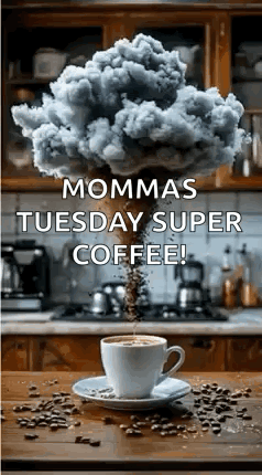 a cup of coffee with smoke coming out of it and the words `` mommas tuesday super coffee ''